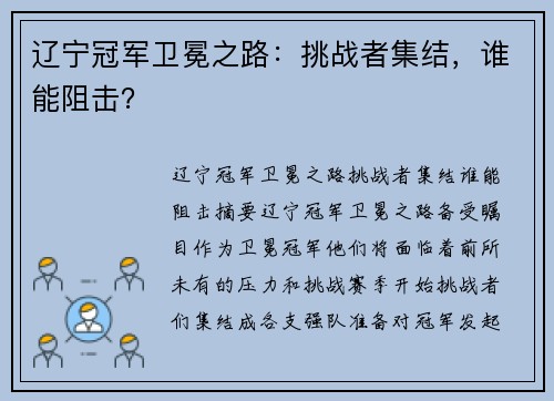 辽宁冠军卫冕之路：挑战者集结，谁能阻击？